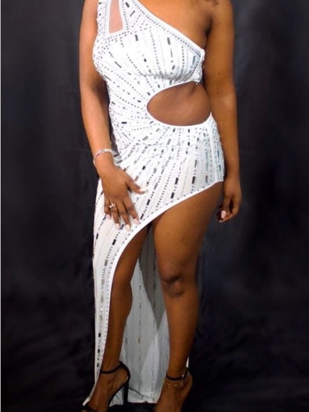 Fashion Nova White One-Shoulder Asymmetrical Sequin Cutout Gown